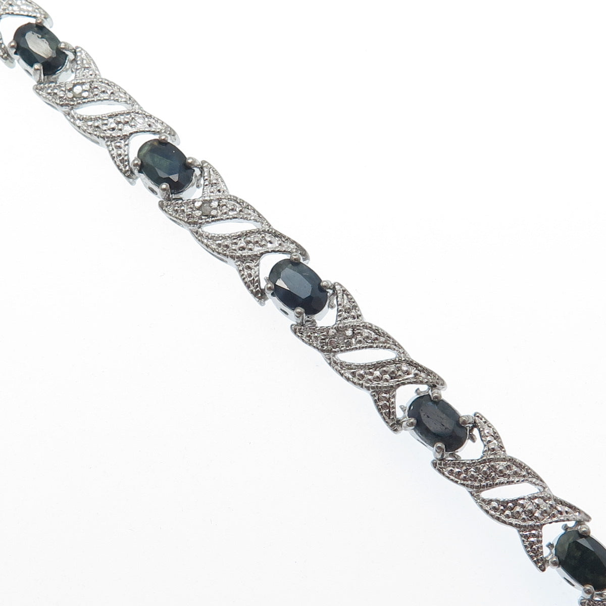 925 Sterling Silver Real Diamond Accent & Sapphire Gem XO Link Bracelet 7"