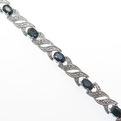 925 Sterling Silver Real Diamond Accent & Sapphire Gem XO Link Bracelet 7"