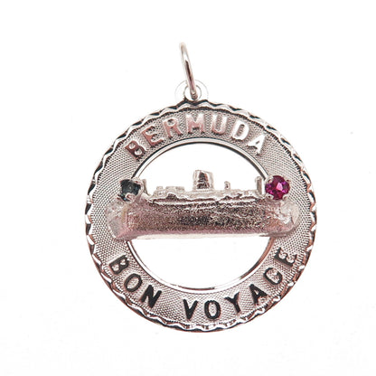 CREA 925 Sterling Silver Vintage Rhinestone Bermuda Bon Voyage Charm Pendant
