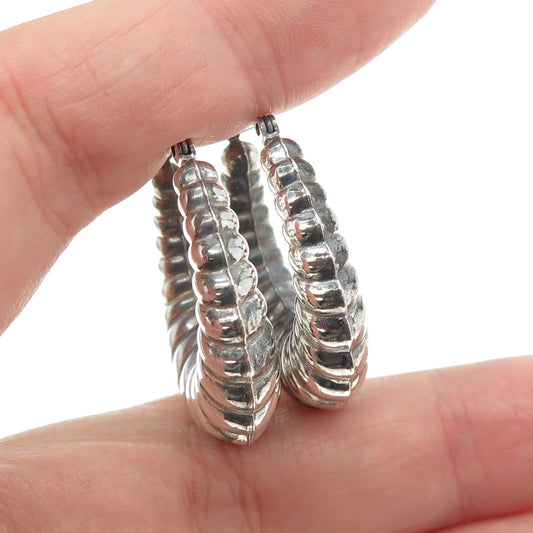 925 Sterling Silver Vintage Ribbed Hinged Hoop Earrings