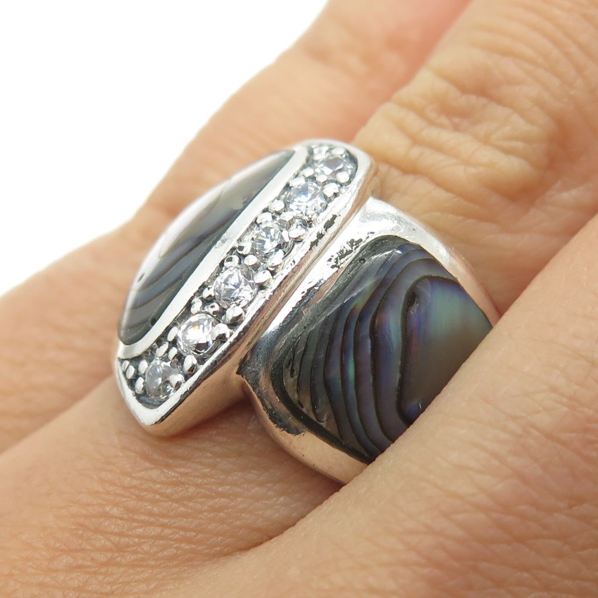 925 Sterling Silver Vintage Abalone Shell & Round-Cut Shaped C Z Ring Size 7