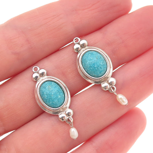 Coleman Co. Sterling Silver Vintage Real Turquoise Inlay & Pearl Jacket Earrings