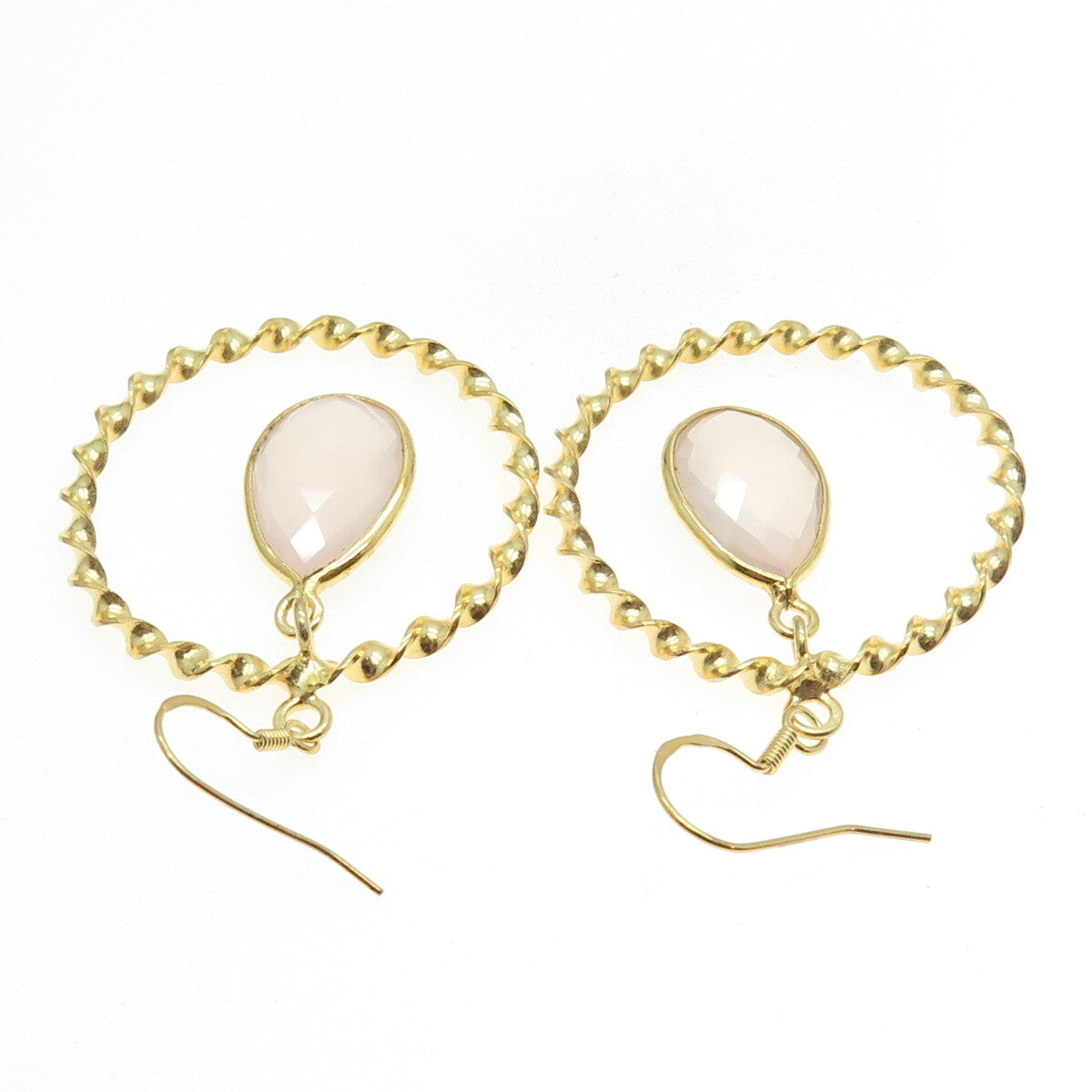925 Sterling Silver Gold Plated Real Rose Quartz Twisted Circle Earrings