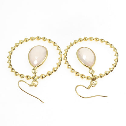 925 Sterling Silver Gold Plated Real Rose Quartz Twisted Circle Earrings
