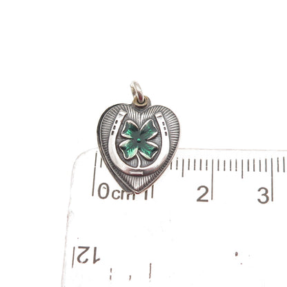 925 Sterling Antique Enamel Clover Horseshoe Chatelaine Heart Mini Slide Pendant
