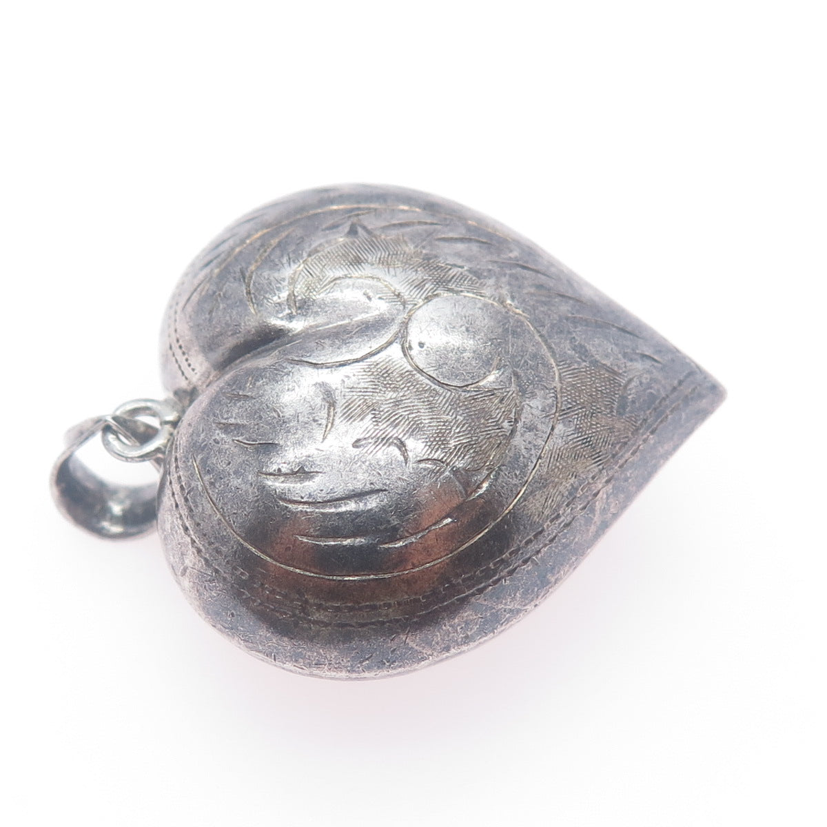 925 Sterling Silver Vintage Engraved Puffy Heart Oxidized Charm Pendant