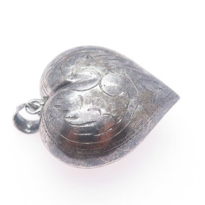 925 Sterling Silver Vintage Engraved Puffy Heart Oxidized Charm Pendant