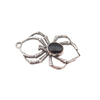 925 Sterling Silver Vintage Real Black Onyx Spider Oxidized Charm Pendant