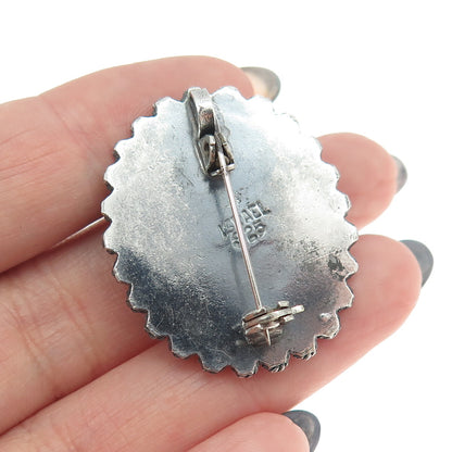925 Sterling Silver Vintage Israel Dark Blue Glass Ethnic Pin Brooch