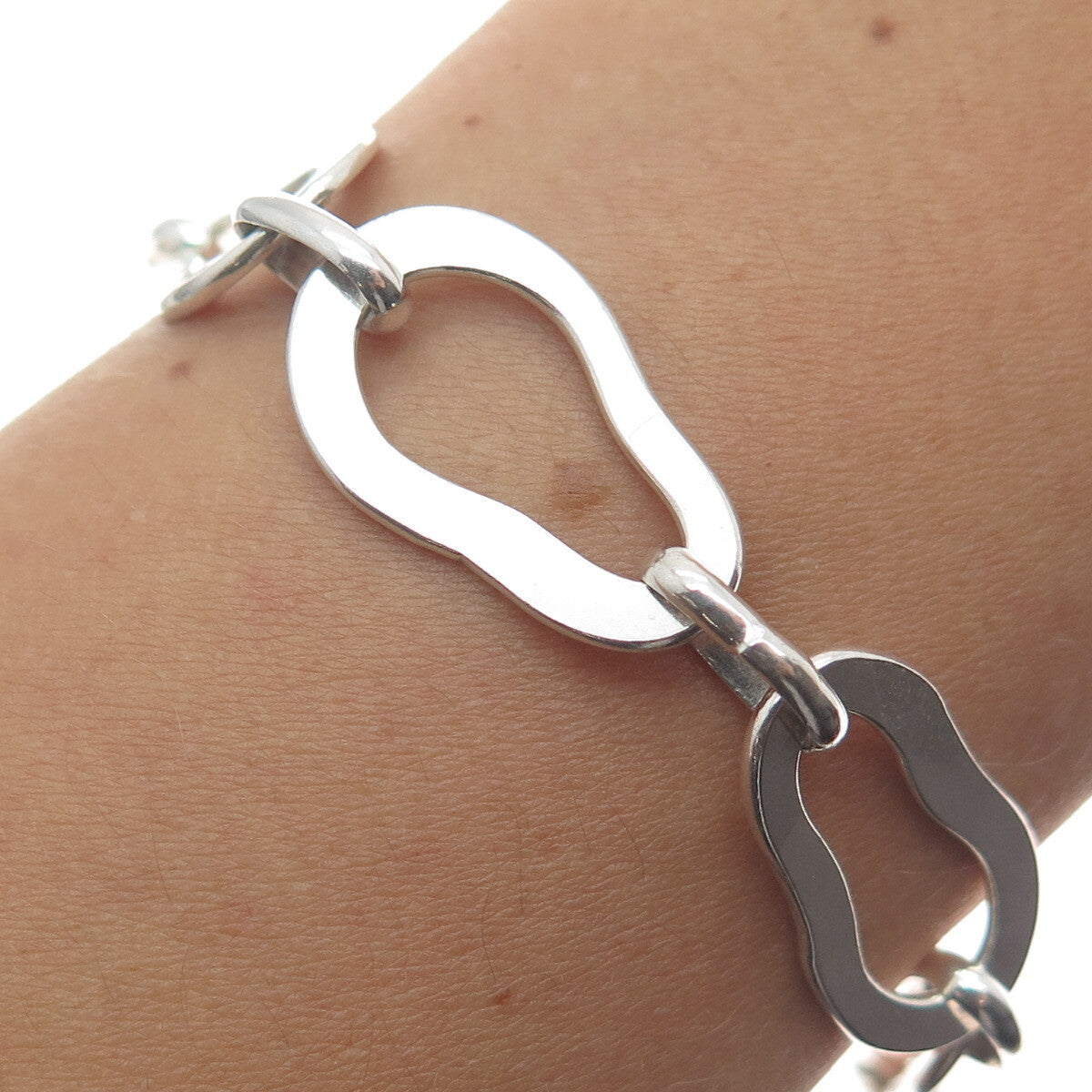 SARA B. 925 Sterling Silver Vintage Modernist Bean Link Bracelet 7.25"