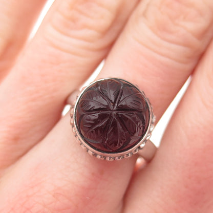 925 Sterling Silver Vintage Real Red Garnet Carved Flower Ring Size 8.25