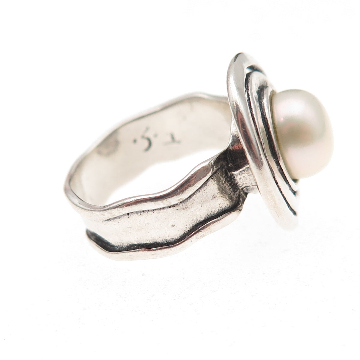 925 Sterling Silver Vintage Real Pearl Modernist Oxidized Ring Size 6