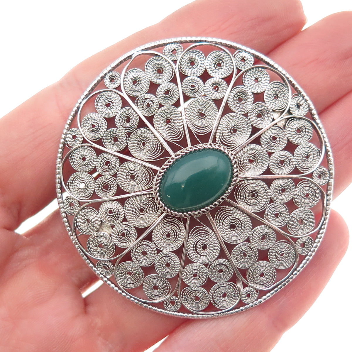 925 Sterling Silver Vintage Israel Real Green Onyx Floral Filigree Pin Brooch