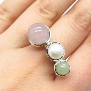 925 Sterling Silver Vintage Real Pearl & Rose Green Quartz Ring Size 7.5