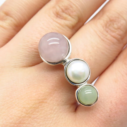 925 Sterling Silver Vintage Real Pearl & Rose Green Quartz Ring Size 7.5