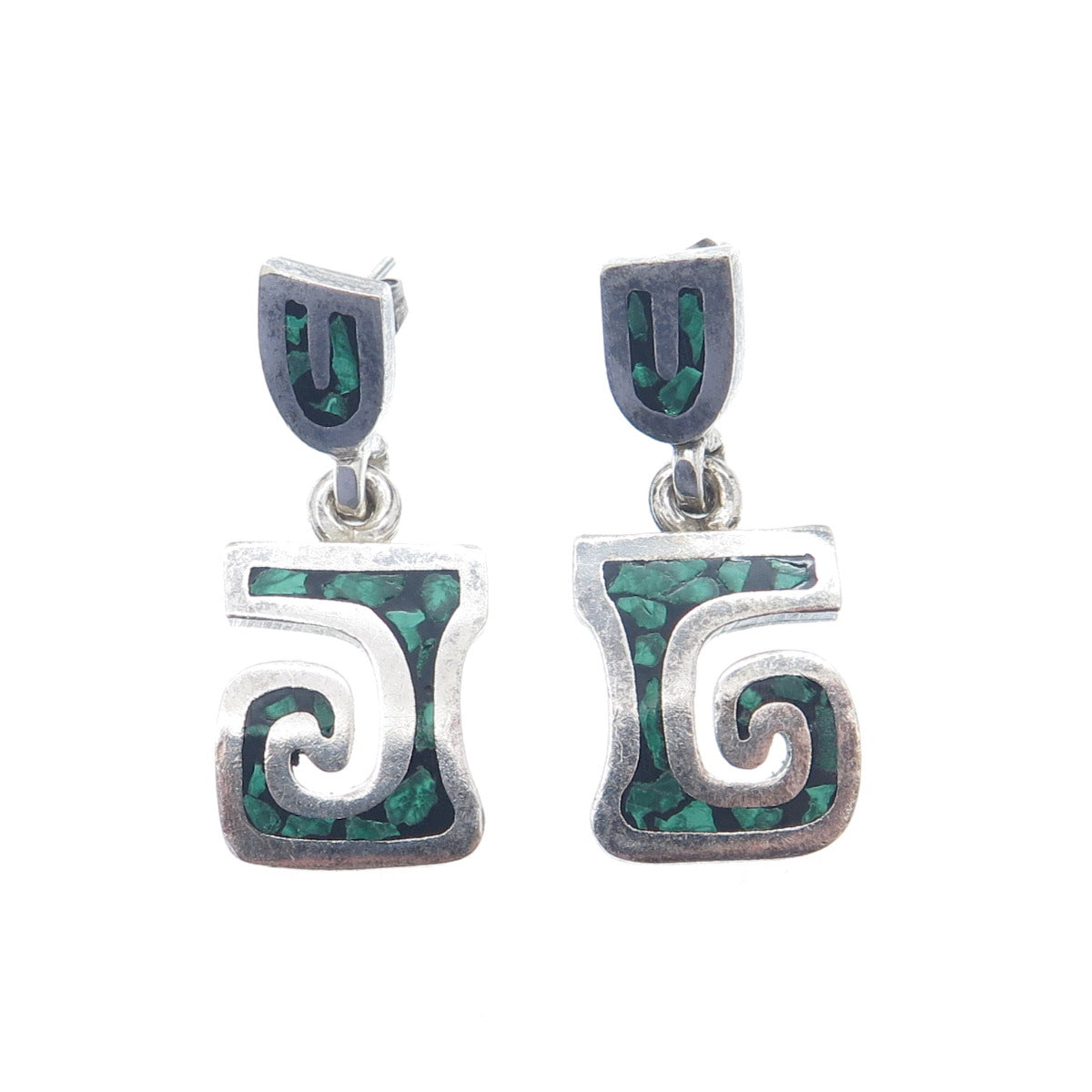 925 Sterling Silver Vintage Mexico Real Malachite Inlay Tribal Spiral Earrings