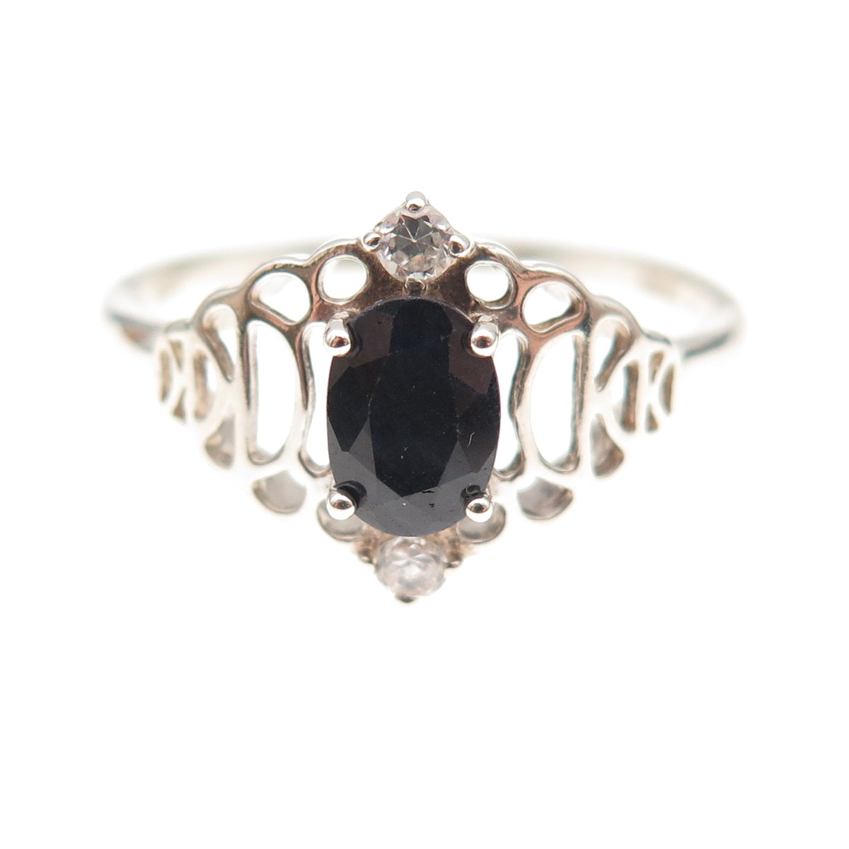 925 Sterling Silver Real Oval-Cut Sapphire & C Z Ring Size 11