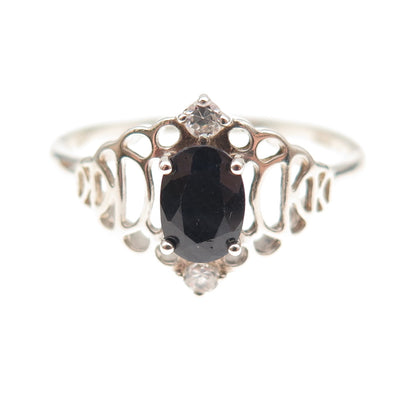 925 Sterling Silver Real Oval-Cut Sapphire & C Z Ring Size 11