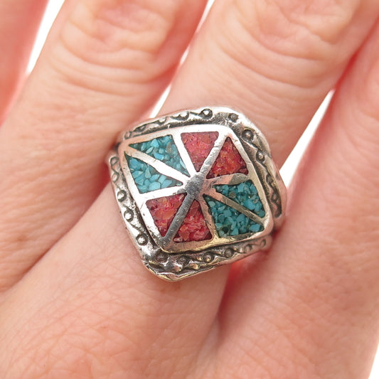Old Pawn 925 Sterling Silver Vintage Turquoise & Coral Inlay Tribal Ring Size 9