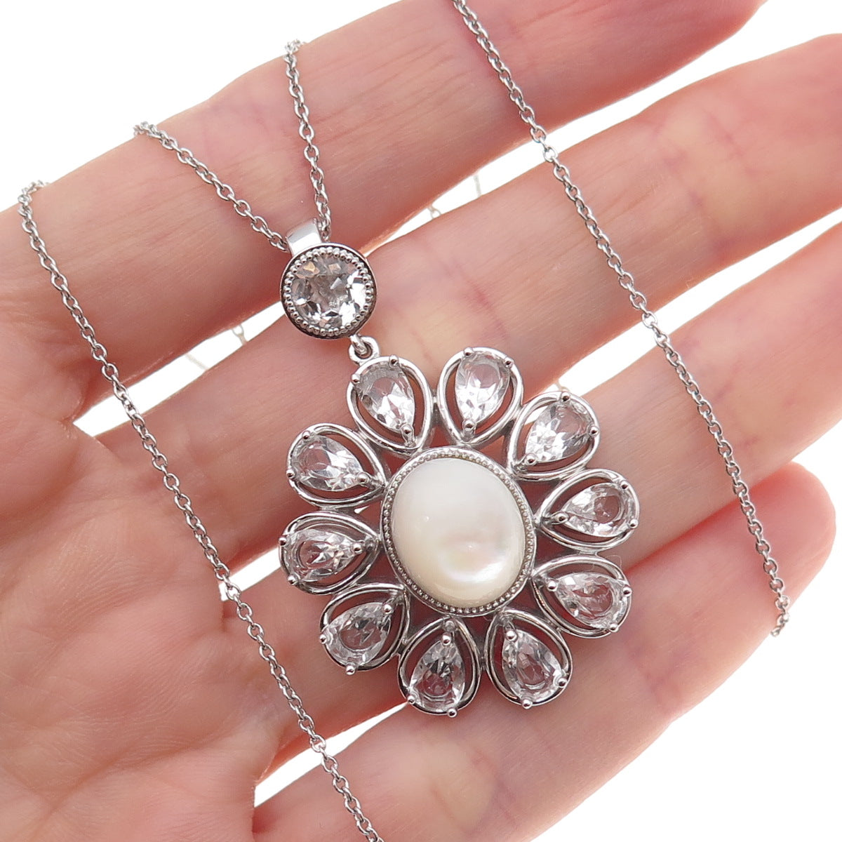 925 Sterling Silver Mexico Real MOP White Topaz Flower Cable Chain Necklace 18"