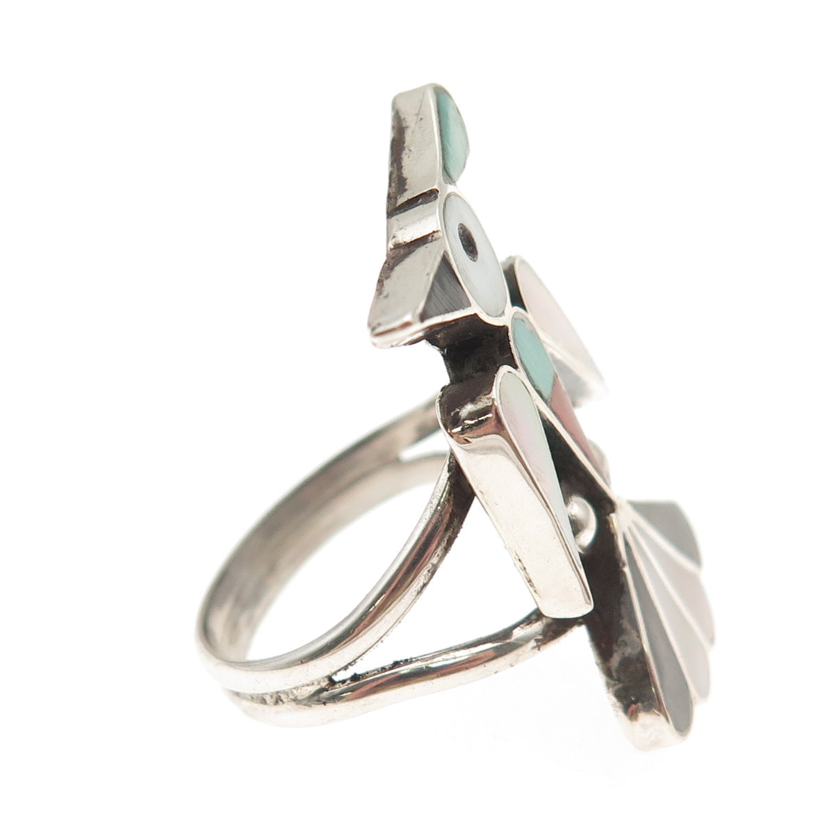 RX ZUNI Old Pawn 925 Sterling Turquoise Coral Onyx & MOP Thunderbird Ring Size 7