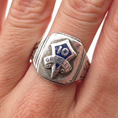 925 Sterling Silver Vintage 1953 Enamel Greeley School Oxidized Ring Size 9