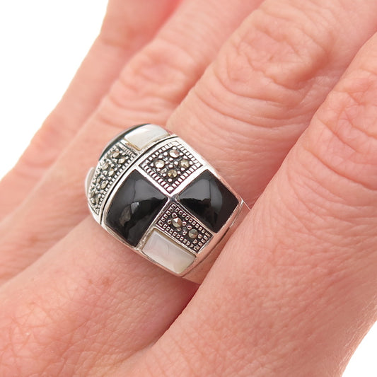 925 Sterling Silver Vintage Real Black Onyx Marcasite & MOP Ring Size 8.25