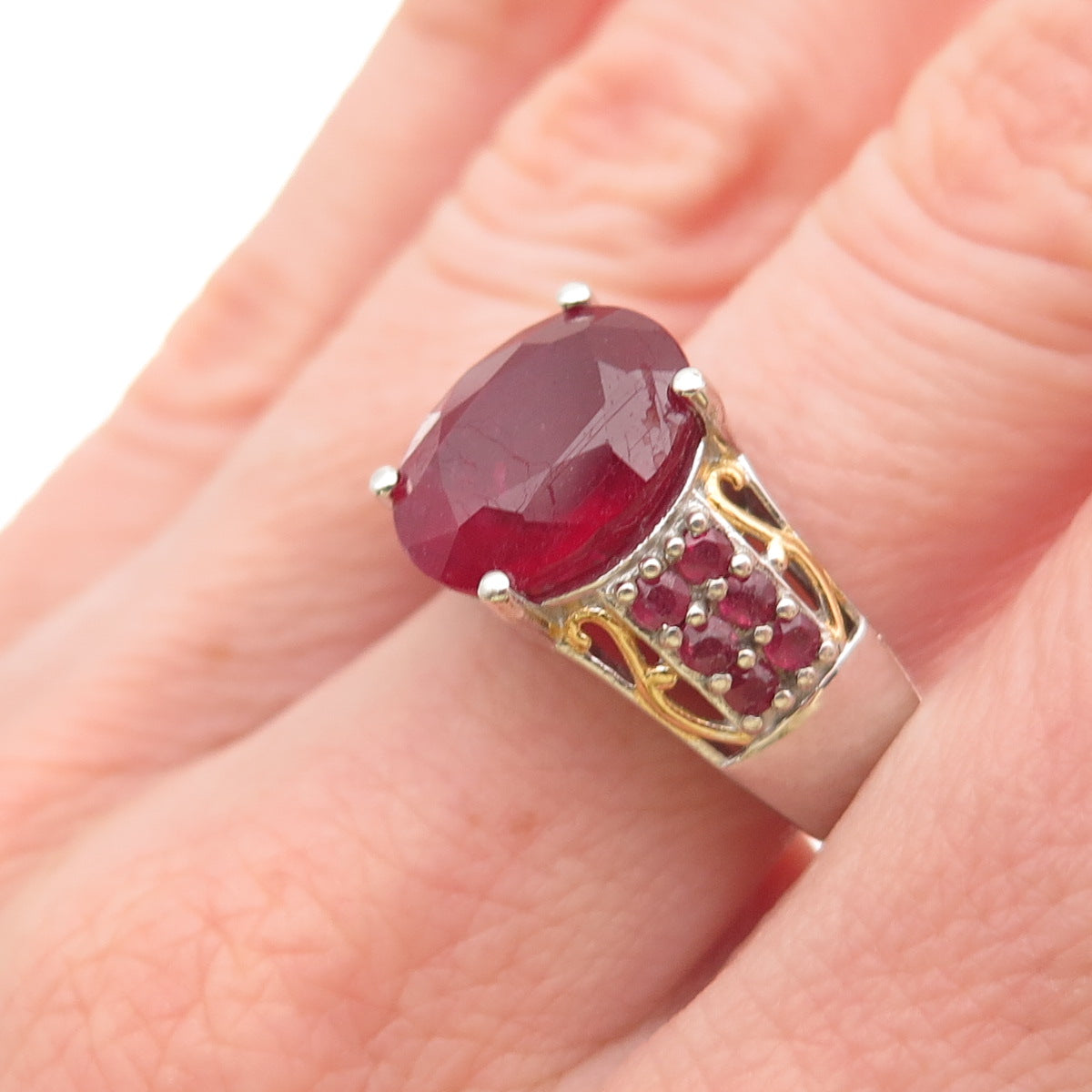 Chuck Clemency 925 Sterling Silver 2-Tone Real Ruby Ring Size 8.25
