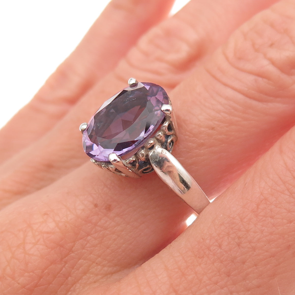 Kabana 925 Sterling Silver Vintage Real Oval-Cut Amethyst Ring Size 10