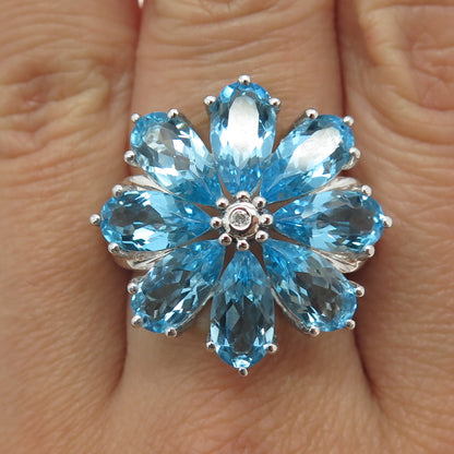 925 Sterling Silver Real Diamond & Swiss Blue Topaz Flower Ring Size 7