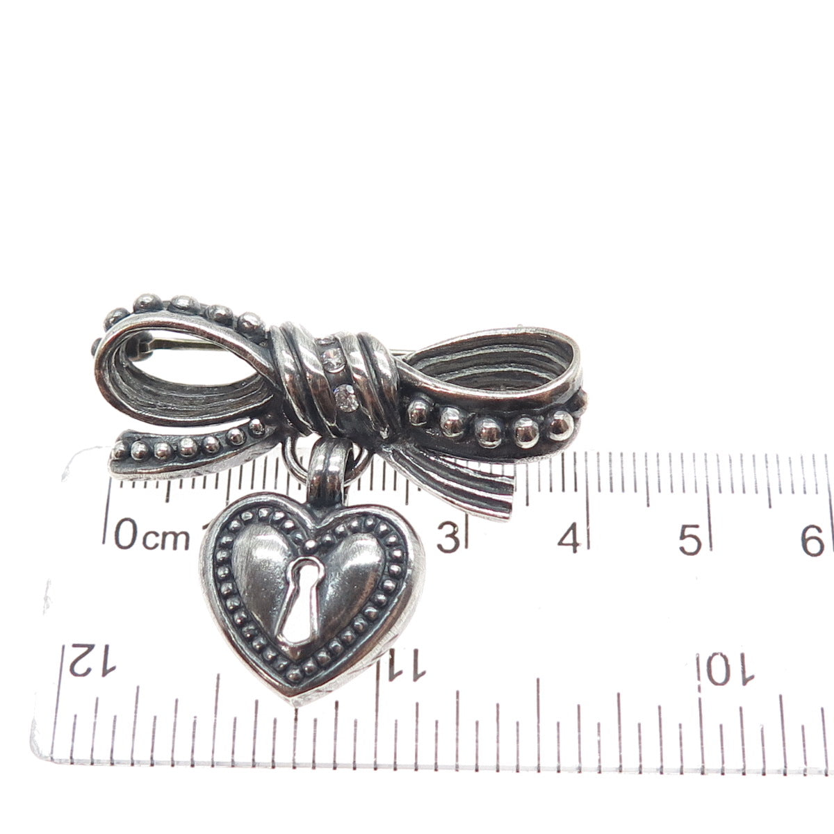 925 Sterling Silver Vintage C Z Ribbon Bow Heart Lock Oxidized Pin Brooch