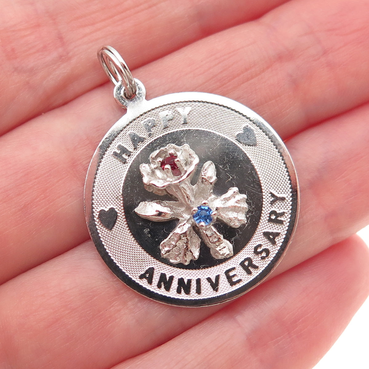 925 Sterling Silver Vintage Rhinestone Happy Anniversary Charm Pendant