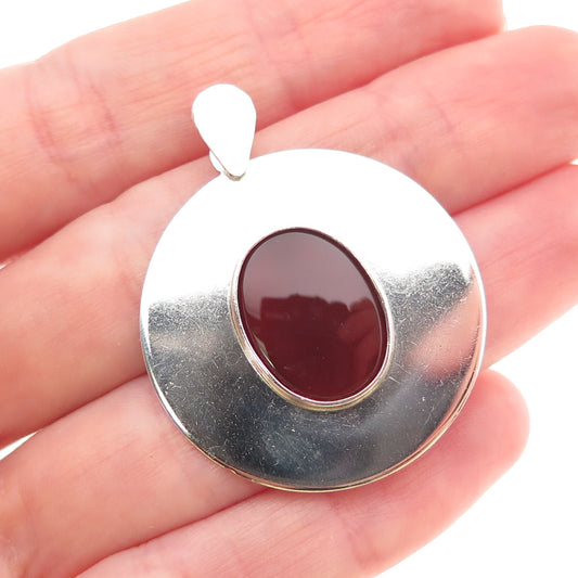925 Sterling Silver Vintage Real Carnelian Modernist Disc Charm Pendant