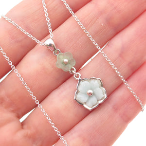 925 Sterling Silver Real Milky Aquamarine Floral Cable Chain Necklace 18"