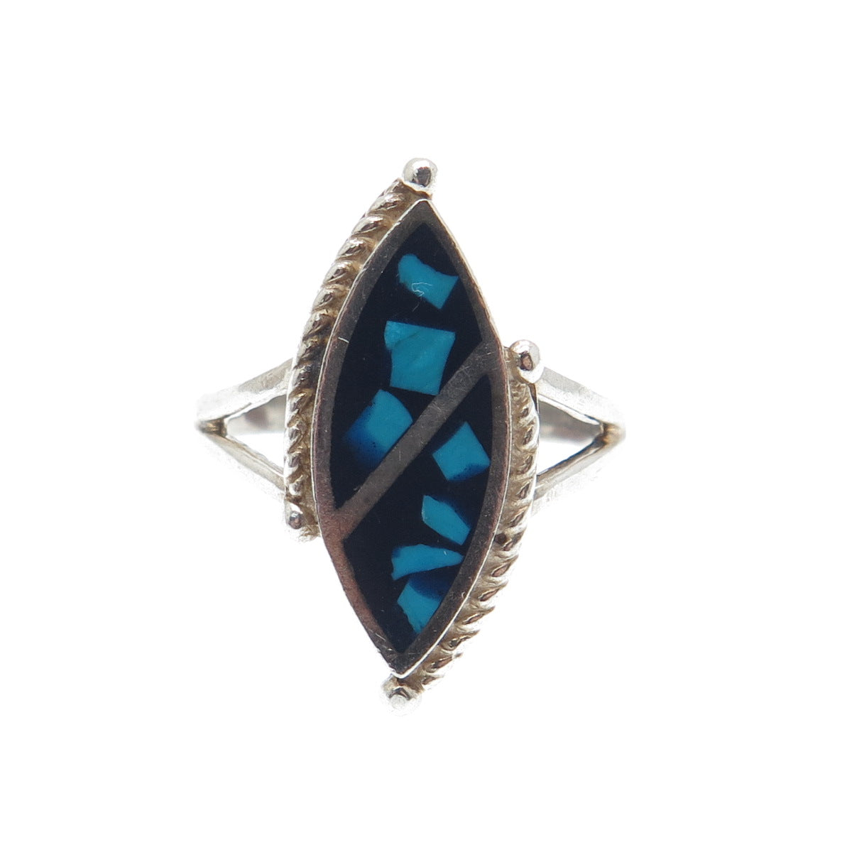 925 Sterling Silver Vintage Southwestern Turquoise Inlay Oxidized Ring Size 6.5