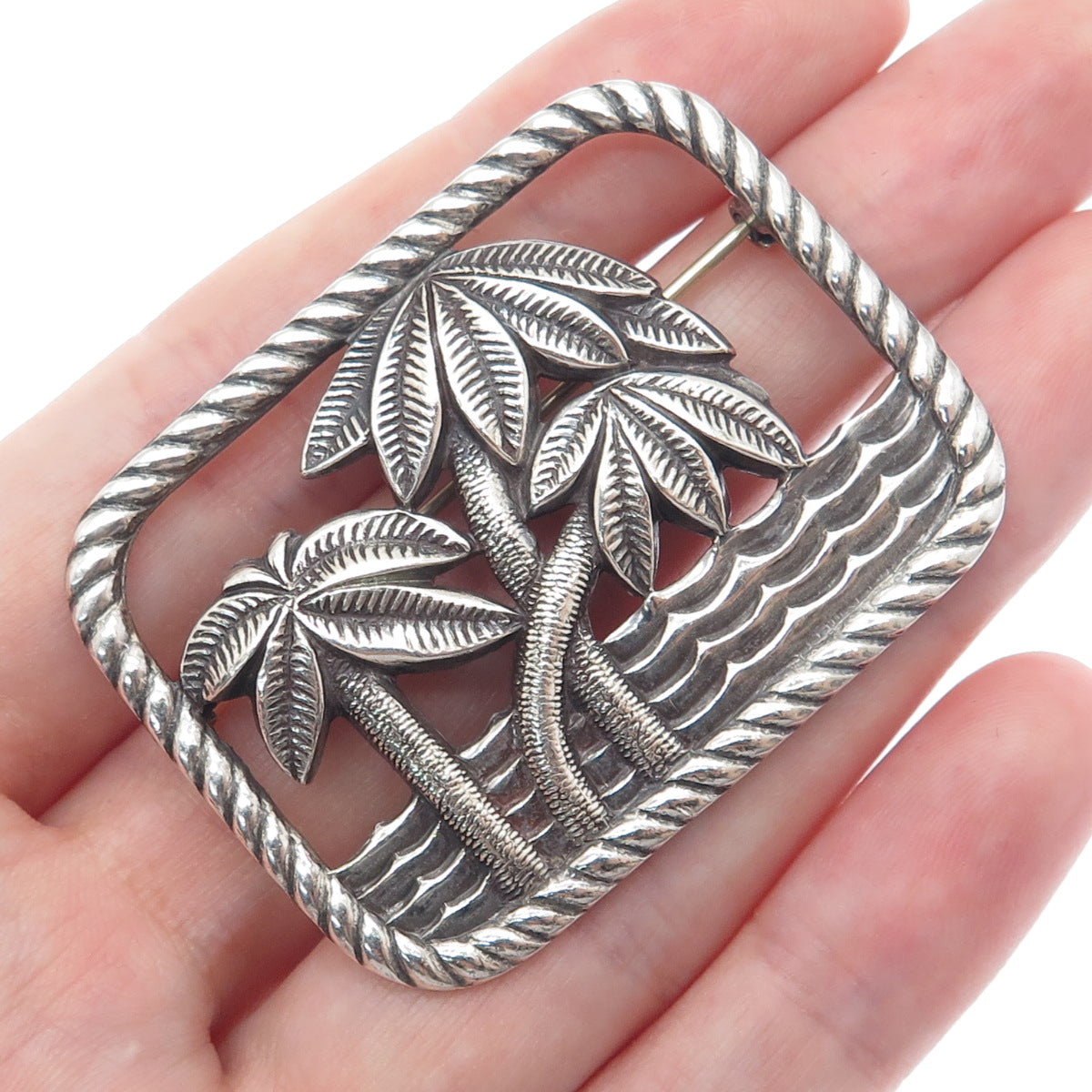 925 Sterling Silver Vintage Paradise Beach Palm Tree Oxidized Pin Brooch