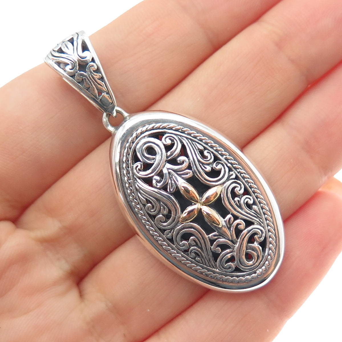 925 Sterling Silver 18K Gold Vintage Ornate Cross Oxidized Charm Pendant