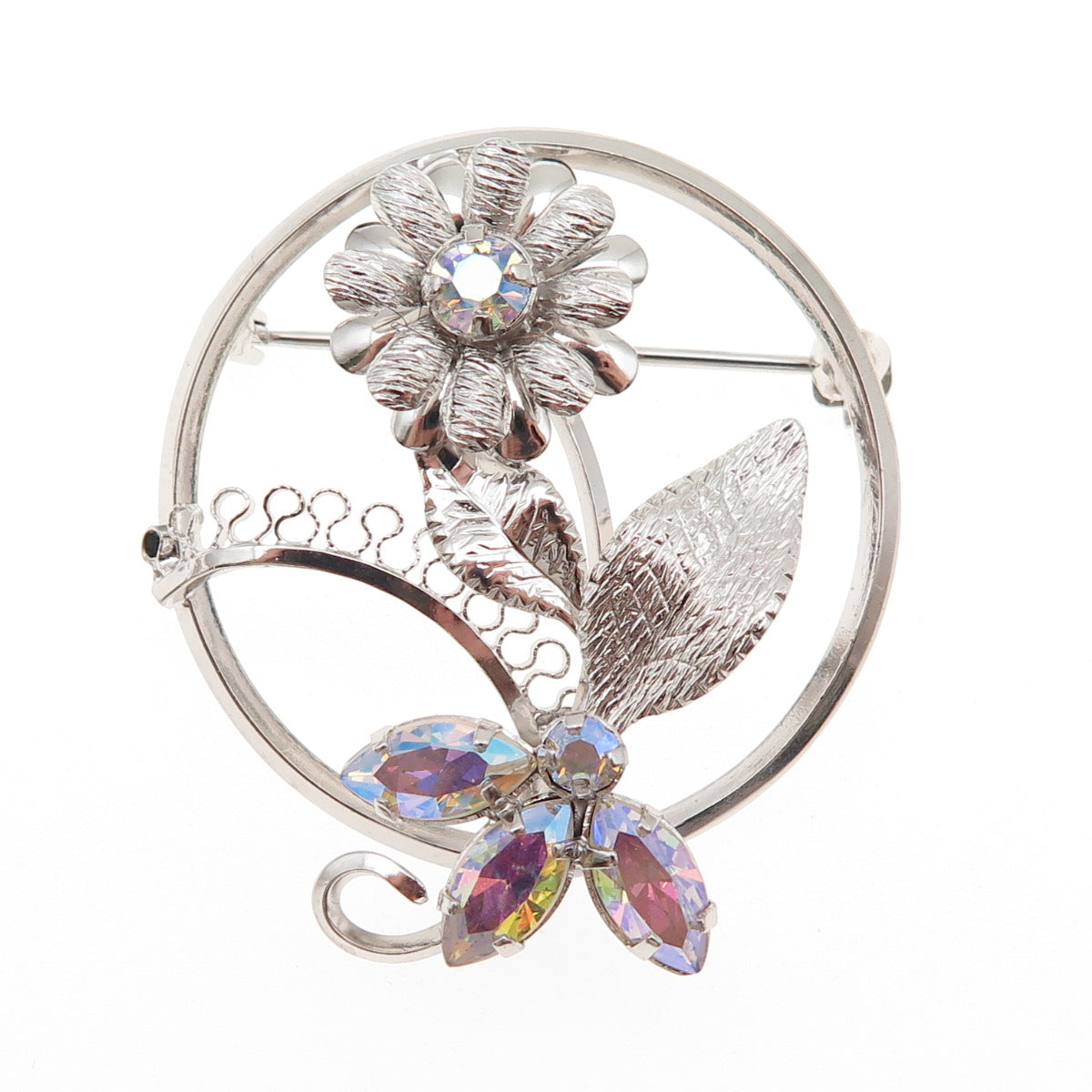 Star Art 925 Sterling Silver Vintage Rhinestone Floral Pin Brooch