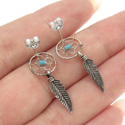 925 Sterling Silver Vintage Southwestern Real Turquoise Dreamcatcher Earrings