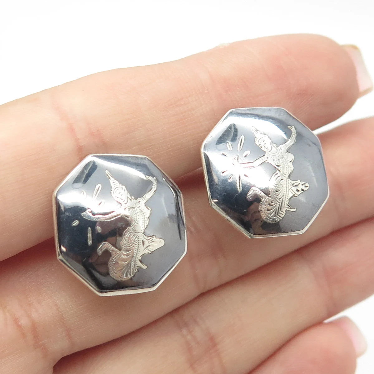 925 Sterling Silver Vintage Siam Niello Hindu Goddess Screw Back Earrings