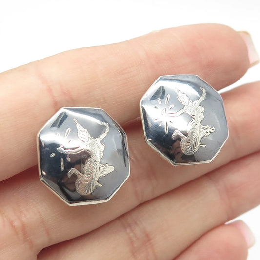 925 Sterling Silver Vintage Siam Niello Hindu Goddess Screw Back Earrings