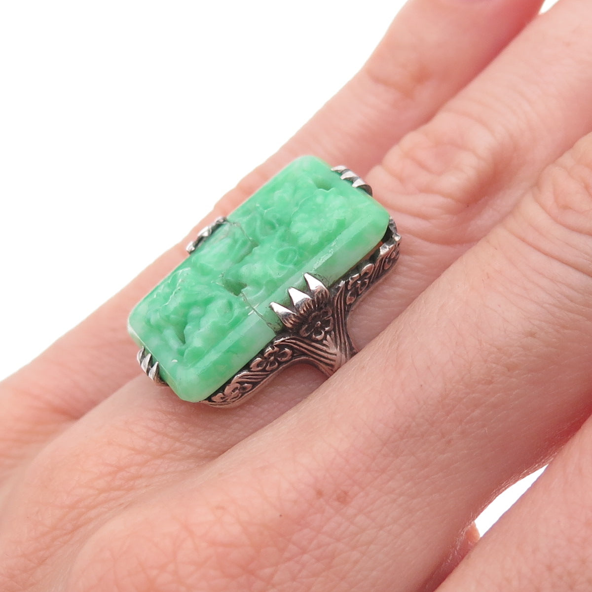 925 Sterling Silver Antique Art Deco Real Carved Jade Floral Ring Size 5