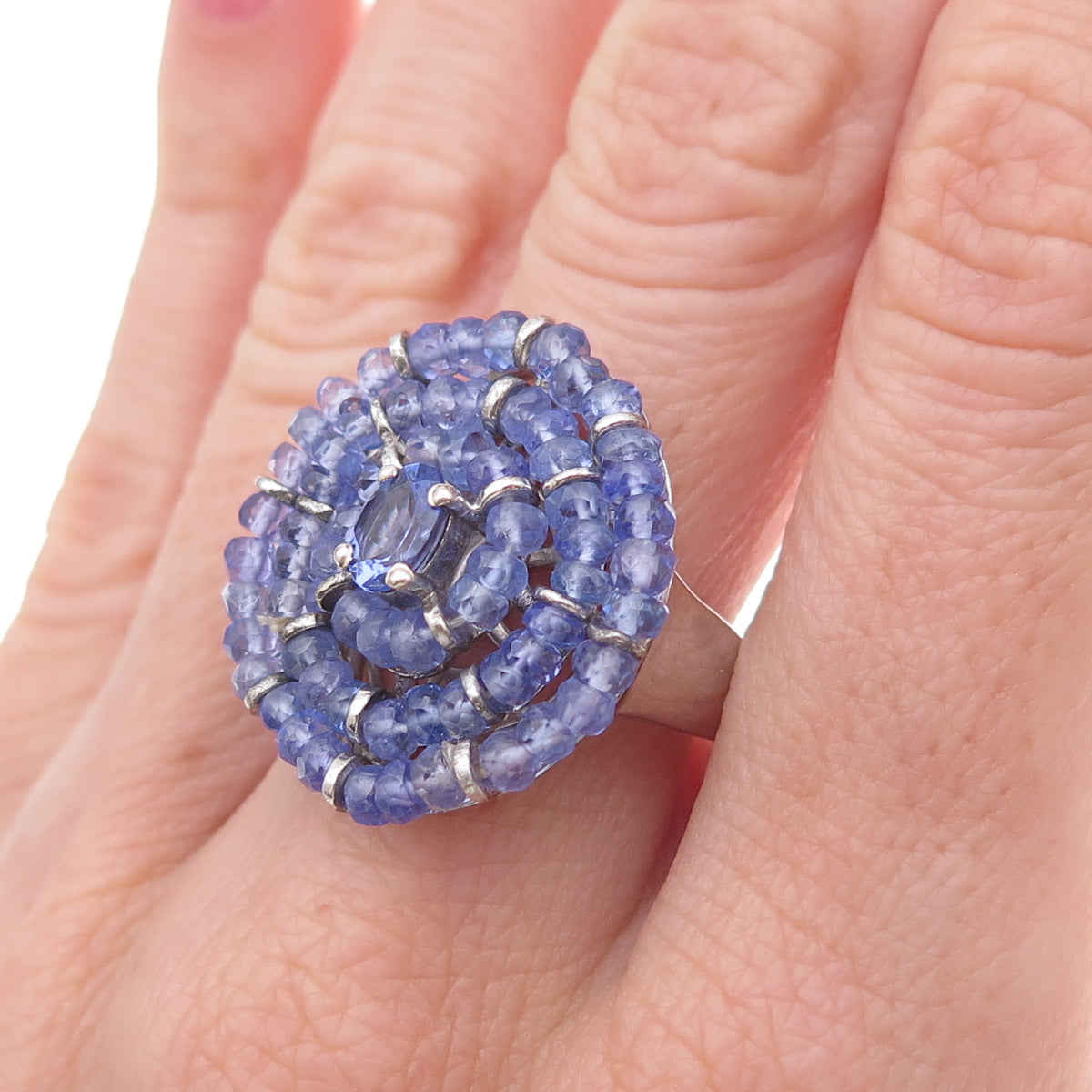 Chuck Clemency 925 Sterling Silver Real Tanzanite Beads Ring Size 8