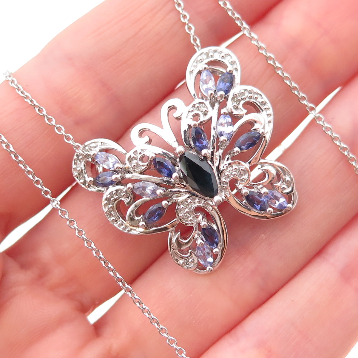 925 Sterling Silver Real Sapphire & Tanzanite Butterfly Cable Chain Necklace 18"