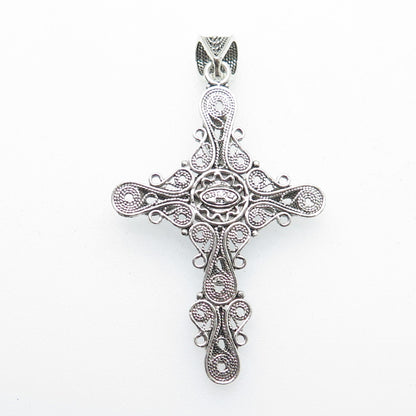 925 Sterling Silver Vintage Turkey Blue Topaz Gemstone Filigree Cross Pendant