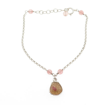 925 Sterling Silver Vintage Real Rose Quartz MOP Inlay Rolo Link Bracelet 6.5-8"