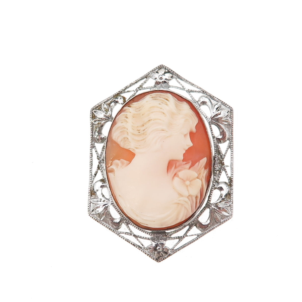 925 Sterling Silver Antique Art Deco Real MOP Carved Lady Cameo Pin Brooch