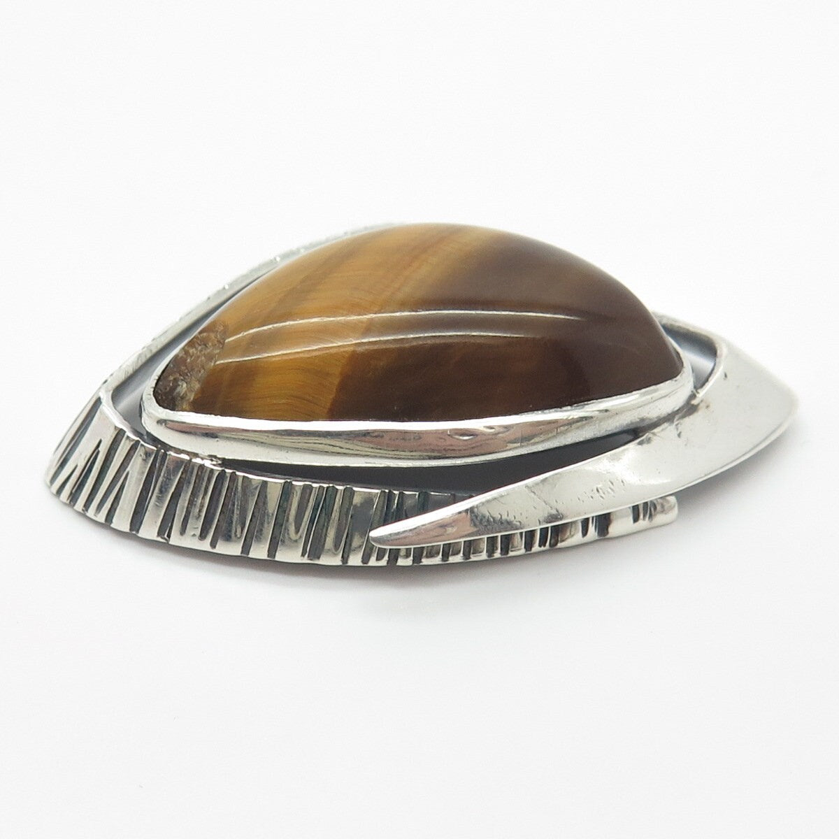925 Sterling Silver Vintage Real Tiger Eye Gemstone Pin Brooch