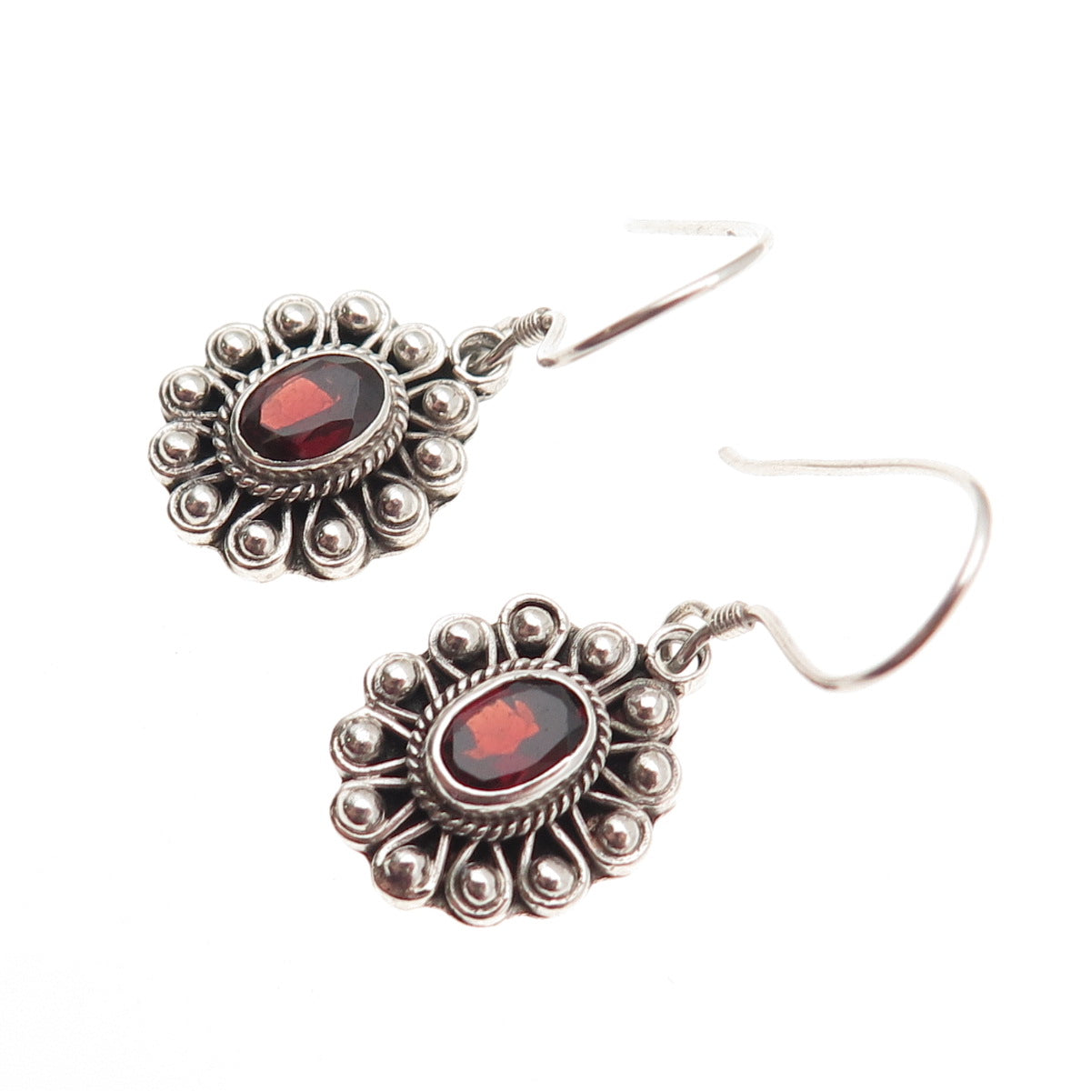 925 Sterling Silver Vintage Real Red Garnet Floral Beaded Dangle Earrings