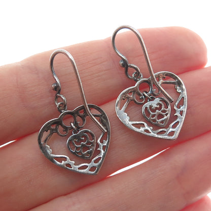 925 Sterling Silver Vintage Ornate Heart & Flower Dangle Earrings